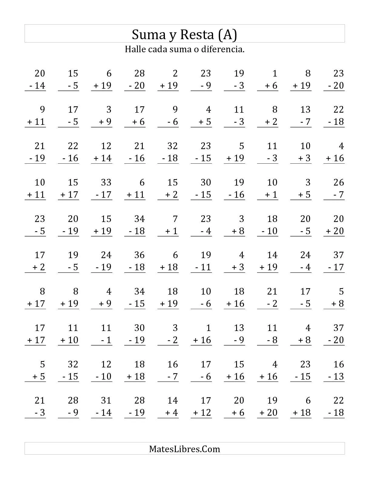 Sumar y Restar, Rango de 1 a 20 (A) Hojas de Ejercicios de ...