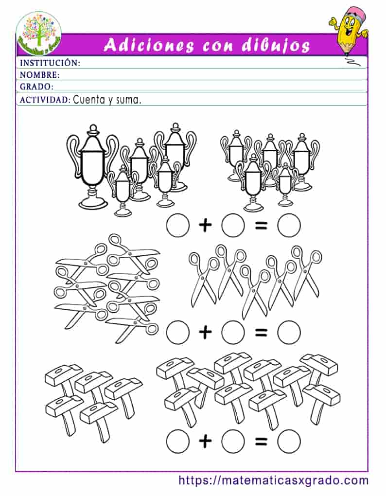 Sumas con dibujos para niños de preescolar para imprimir