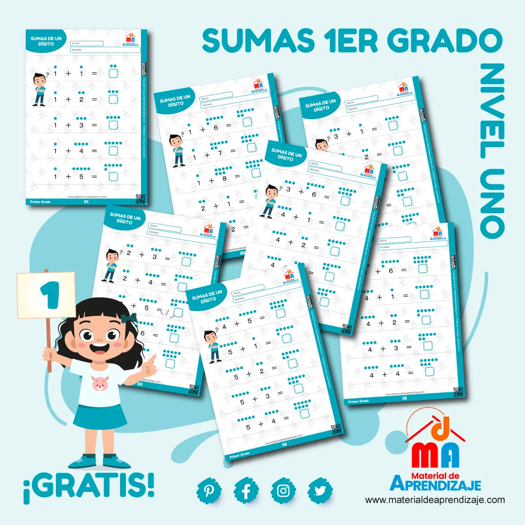 Sumas para primer grado nivel 1 : Material de Aprendizaje