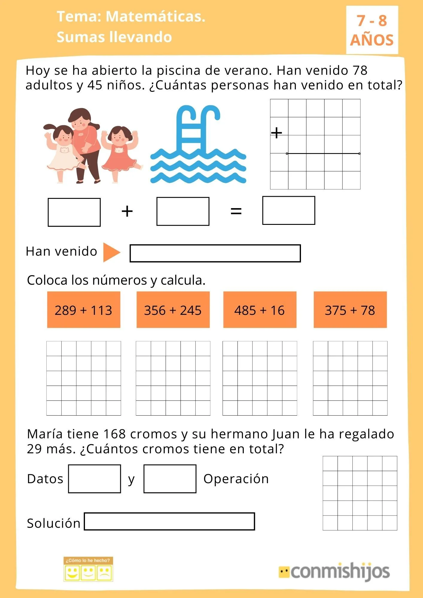 Sumas con llevadas. Ficha de matemáticas para 2º de Primaria