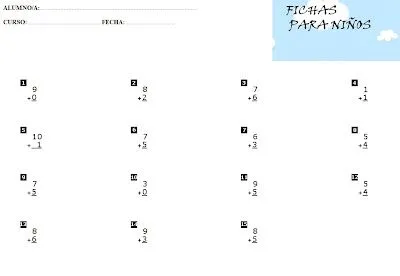 SUMAS PARA NIÑOS DE 1 CIFRA CON RESULTADOS : FICHAS PARA NIÑOS