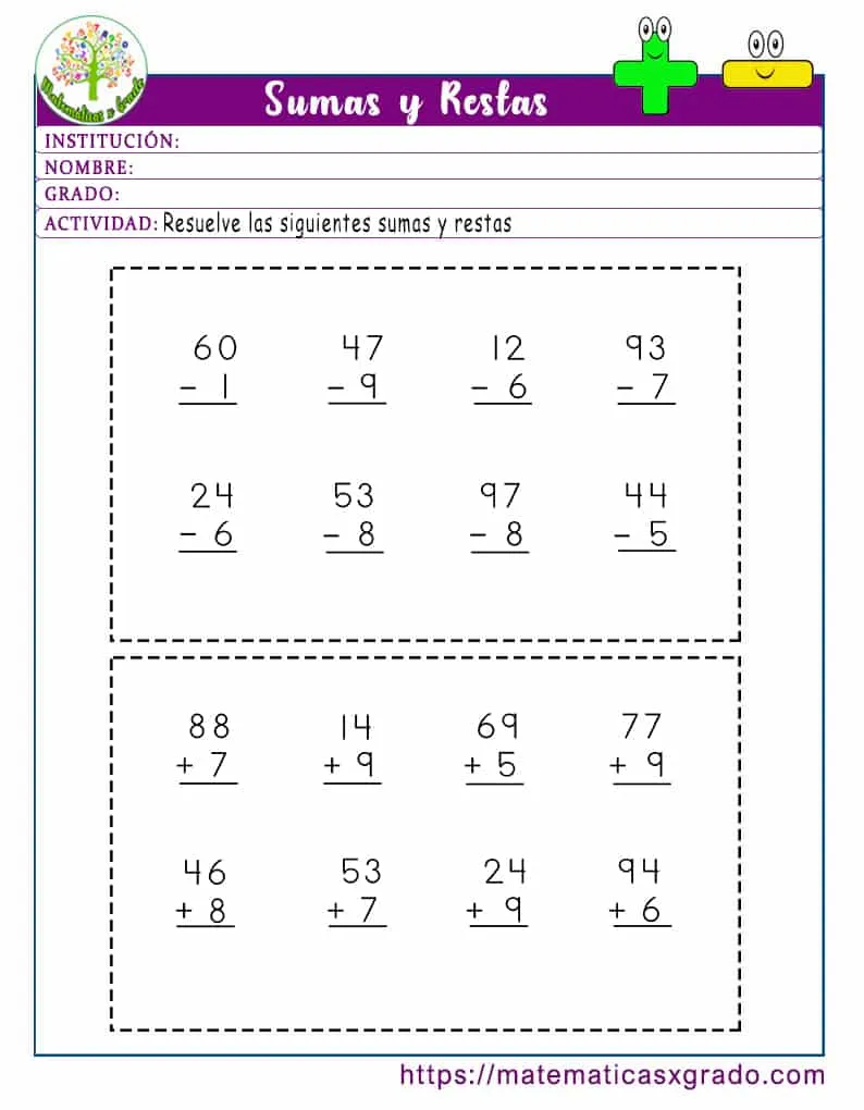 Sumas y restas para primer grado para imprimir