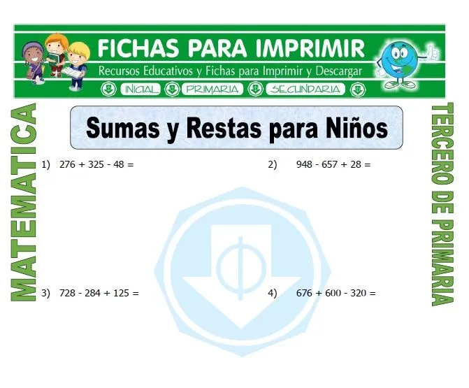 Sumas y Restas para Niños para Tercero de Primaria - Fichas Gratis