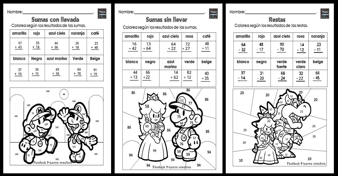 Sumas y restas de Super Mario: Resuelve y colorea