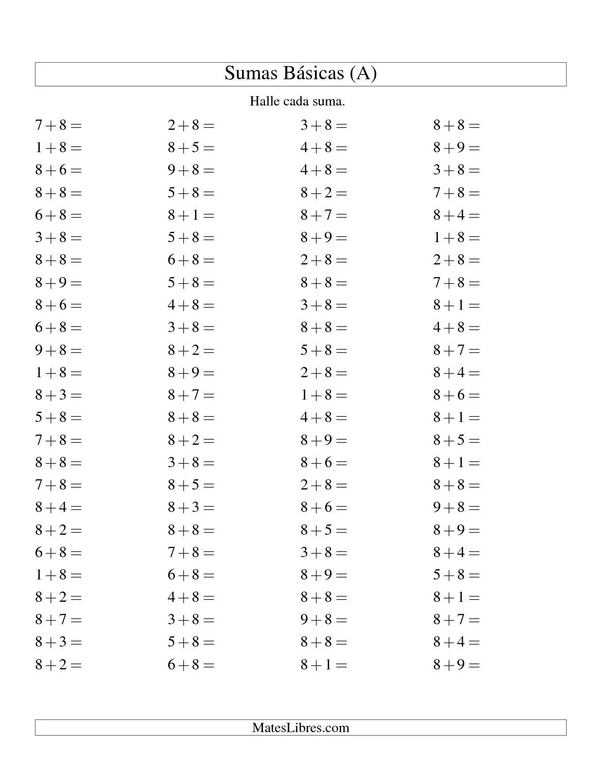 Sumas Simples Más 8 (A) Hojas de Ejercicios de Adición