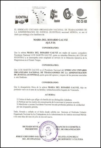 SUONTRAJ SECCIONAL MÉRIDA: NOTA DE CONDOLENCIA