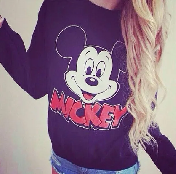 Sweater: black sweater, blonde hair, mickey mouse, style, girl ...