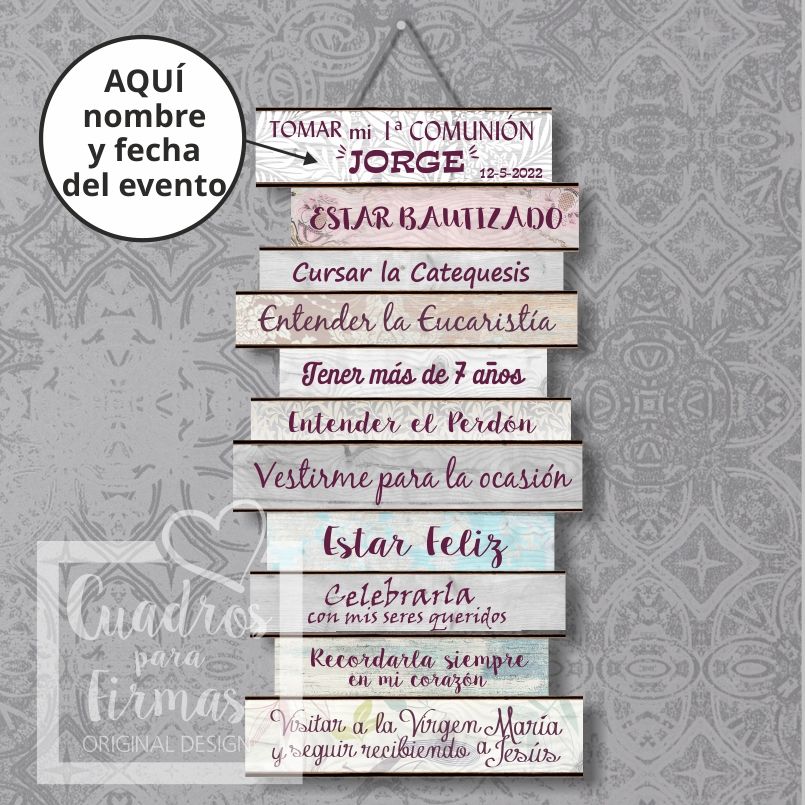 Tabla de madera personalizada con mensajes de comunión para chico