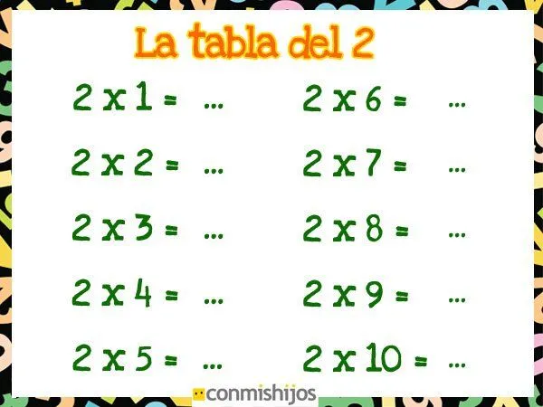 Tabla de multiplicar del 2. Ejercicios para niños