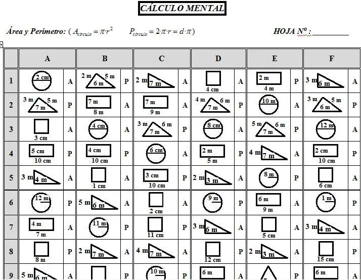 TABLAS DE CÁLCULO DEL BLOQUE VI: GEOMETRÍA Y MEDID