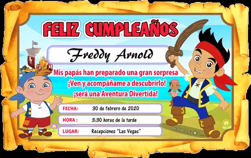 Tarjeta de Cumpleaños de Jake y los Piratas de Nunca Jamás, para ...