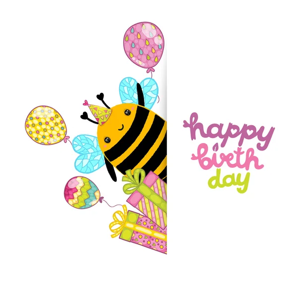 tarjeta del feliz cumpleaños con abeja — Vector stock ...