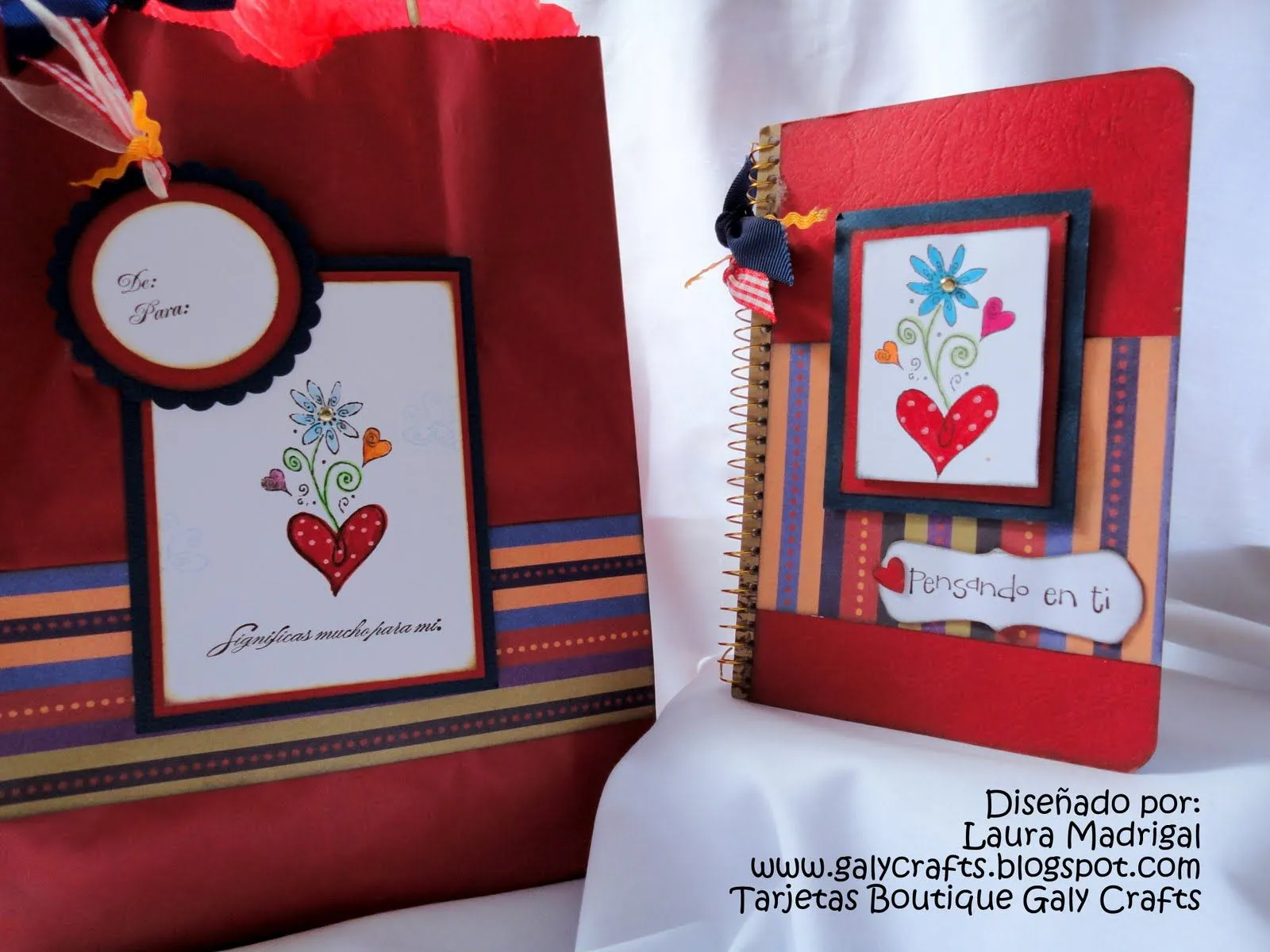 Tarjetas Boutique Galy Crafts: Bolsa decorada y libreta.