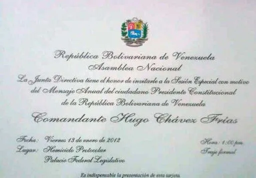 Esta es la tarjeta de invitación a la Memoria y Cuenta de Chávez ...