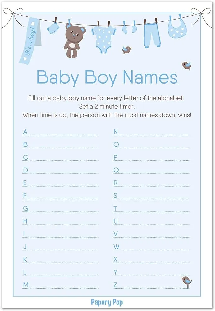 Tarjetas de juego de nombres de bebé (50 unidades) – Juegos de baby shower  para niños – actividades de fiesta ideas suministros : Amazon.com.mx:  Juguetes y Juegos