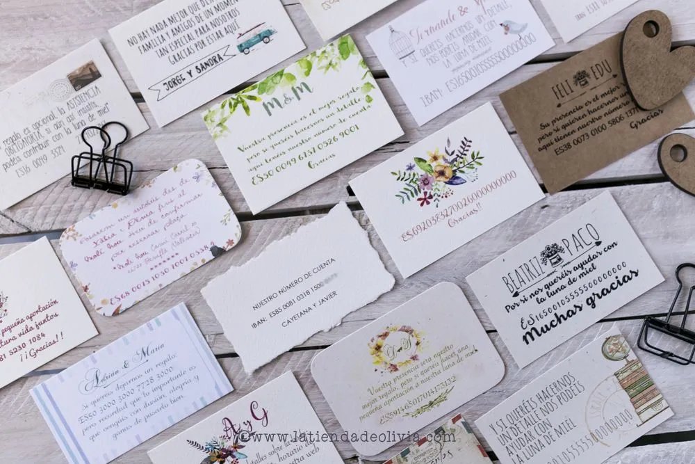 ❤️ Tarjetas con número de cuenta para bodas. Ideas y consejos ❤️