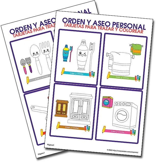 Tarjetas de Orden y Aseo Personal para Trazar y Colorear PDF