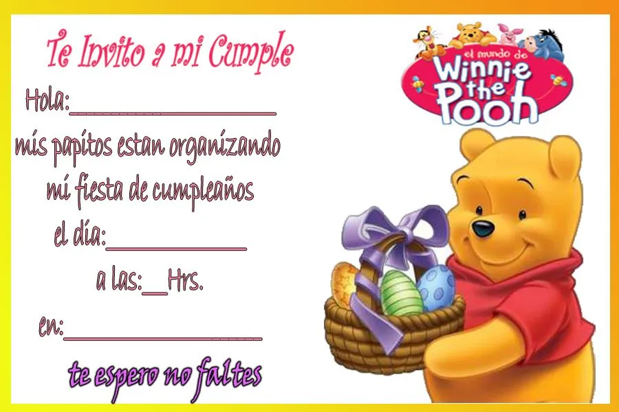 Tarjetita de invitacion de Winnie the Pooh | Tarjetas de cumpleaños ...