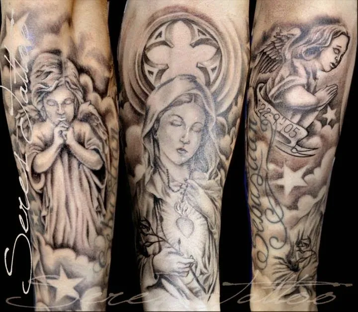 tatuajes religioso, virgen, angeles, nubes y estrellas en ...