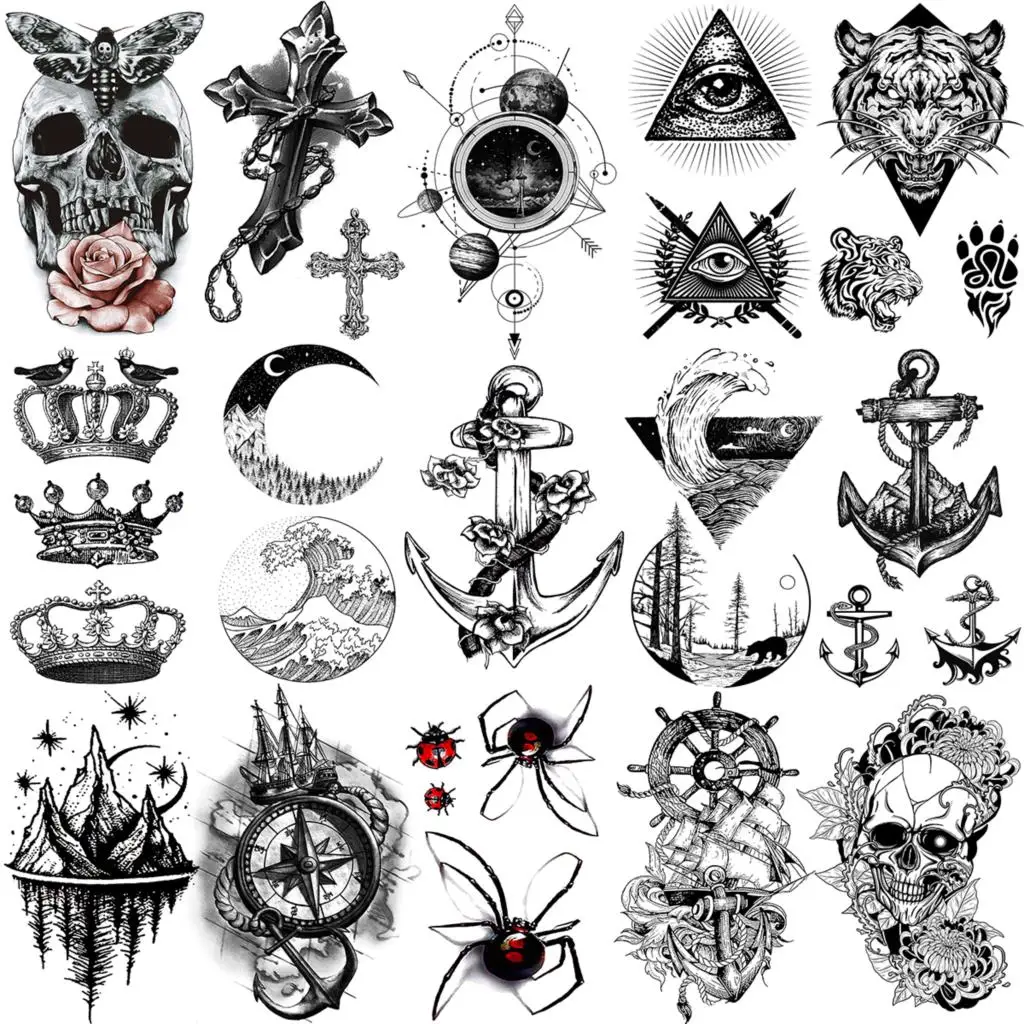 Tatuajes Temporales Geométricos De Ancla Para Mujeres Y Hombres Adultos, Tatuajes Pequeños Para Cuello, Brazo, Corona, Araña, Brújula, Cráneo, Tigre - Tatuajes Temporales - AliExpress