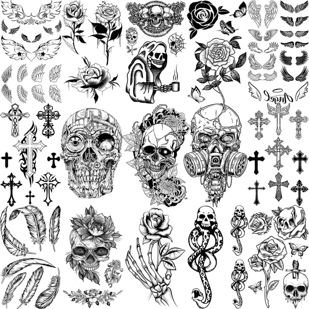Tatuajes Temporales realistas de calavera y rosa para hombres y mujeres, tatuajes pequeños falsos para Halloween, tatuajes cruzados - AliExpress