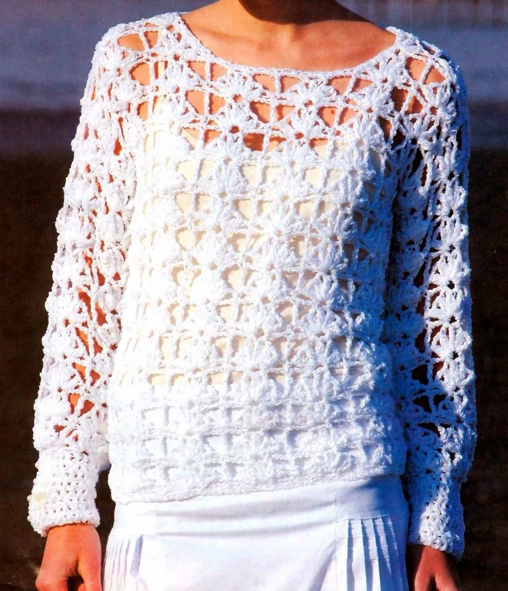 tejidos artesanales en crochet: pullover calado en blanco