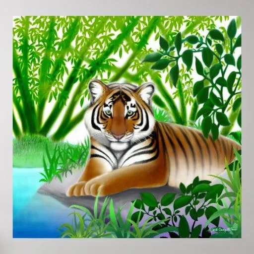 Tigre pacífico en el bosque de bambú posters de Zazzle.