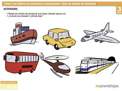 Tipos de medios de transporte. Ejercicio para niños