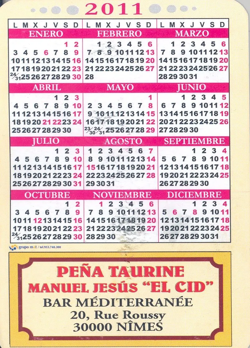 Del toro al infinito: NÎMES: CALENDARIO DE LA PEÑA TAURINE "MANUEL ...