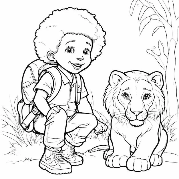 Vector, niños, lindo, colorear, caricatura, página, historia bíblica, daniel,  en, el, foso de los leones, en, líneas simples | Vector Premium