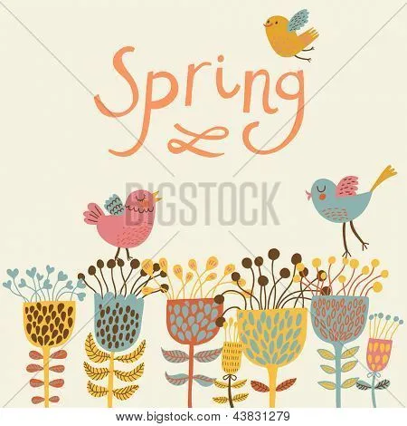 Vectores y fotos en stock de Aves y flores de primavera. Fondo ...