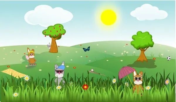 Verano verde y soleado paisaje con conejos, árboles, flores ...
