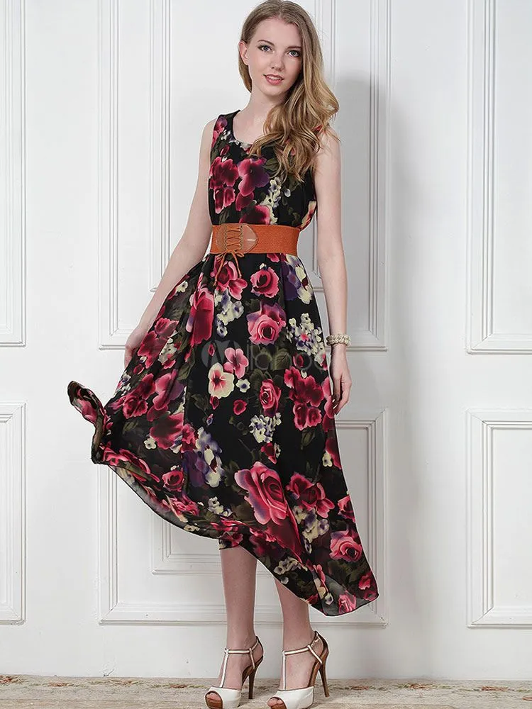 Vestido largo de chifón con estampado floral de moda - Milanoo.com