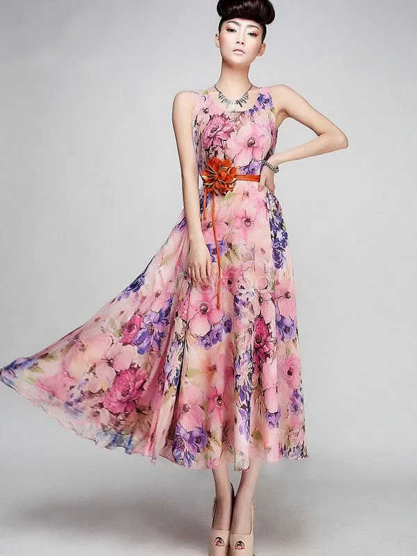 Vestido largo de chifón rosado con estampado floral - Milanoo.com