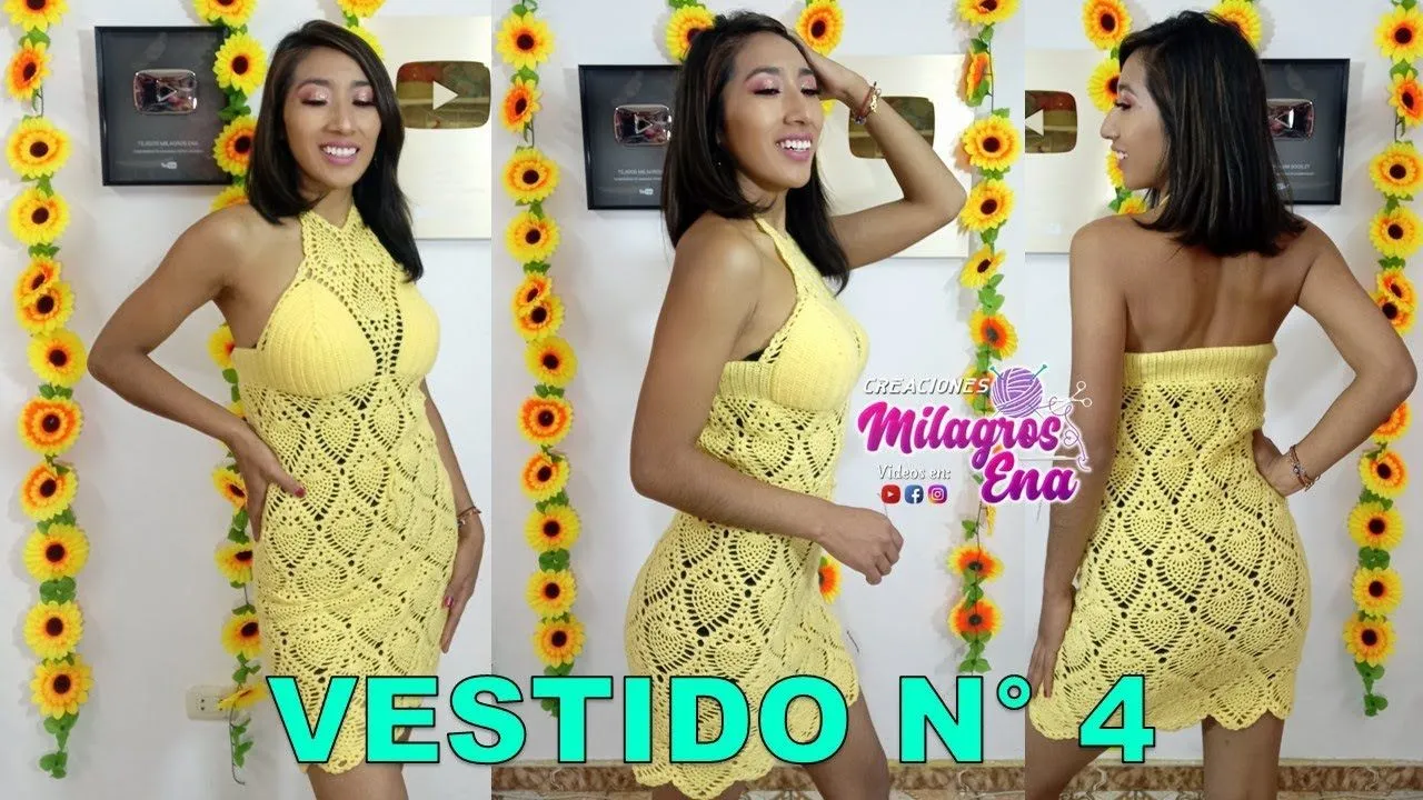 VESTIDO N° 4 PARA DAMAS TEJIDO A CROCHET EN PUNTO PIÑAS Y COPAS PASO A PASO - YouTube
