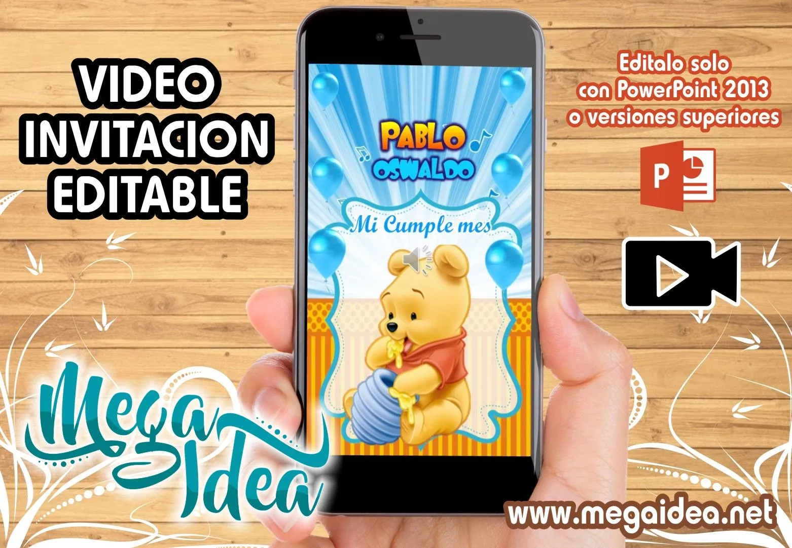 Video Invitación de Winnie Pooh en Powerpoint Editable - Robnei