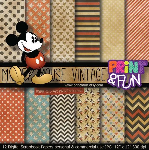 Vintage MICKEY MOUSE Disney Papel Digital Fondos rojo por ...