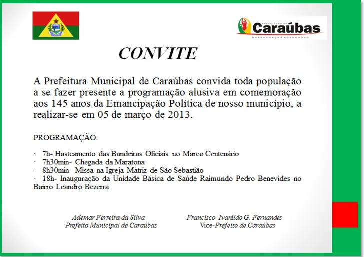 Vitrine do Oeste.***: Convite da Prefeitura de Caraúbas.