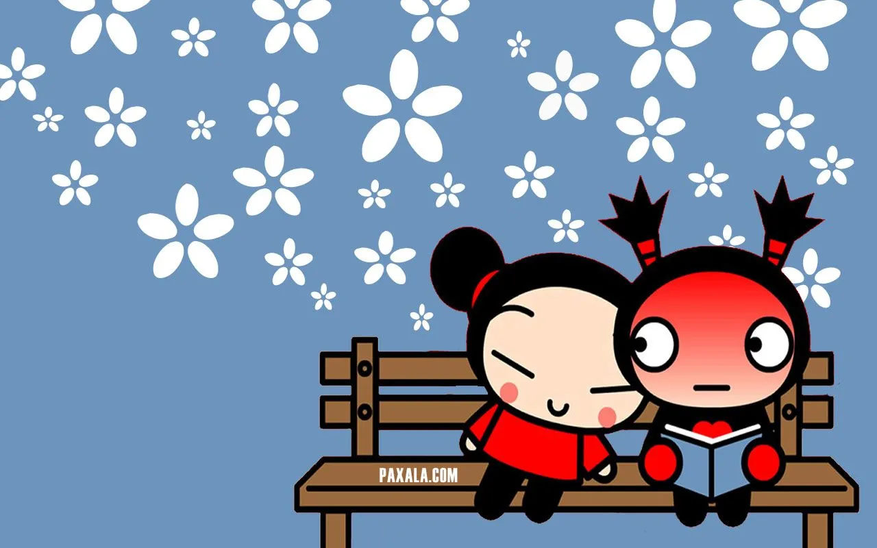 Wallpaper: Pucca y Garu con Flores en Fondo Azul