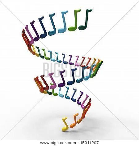 Whirpool de notas musicales de muchos colores. Aislado en blanco ...