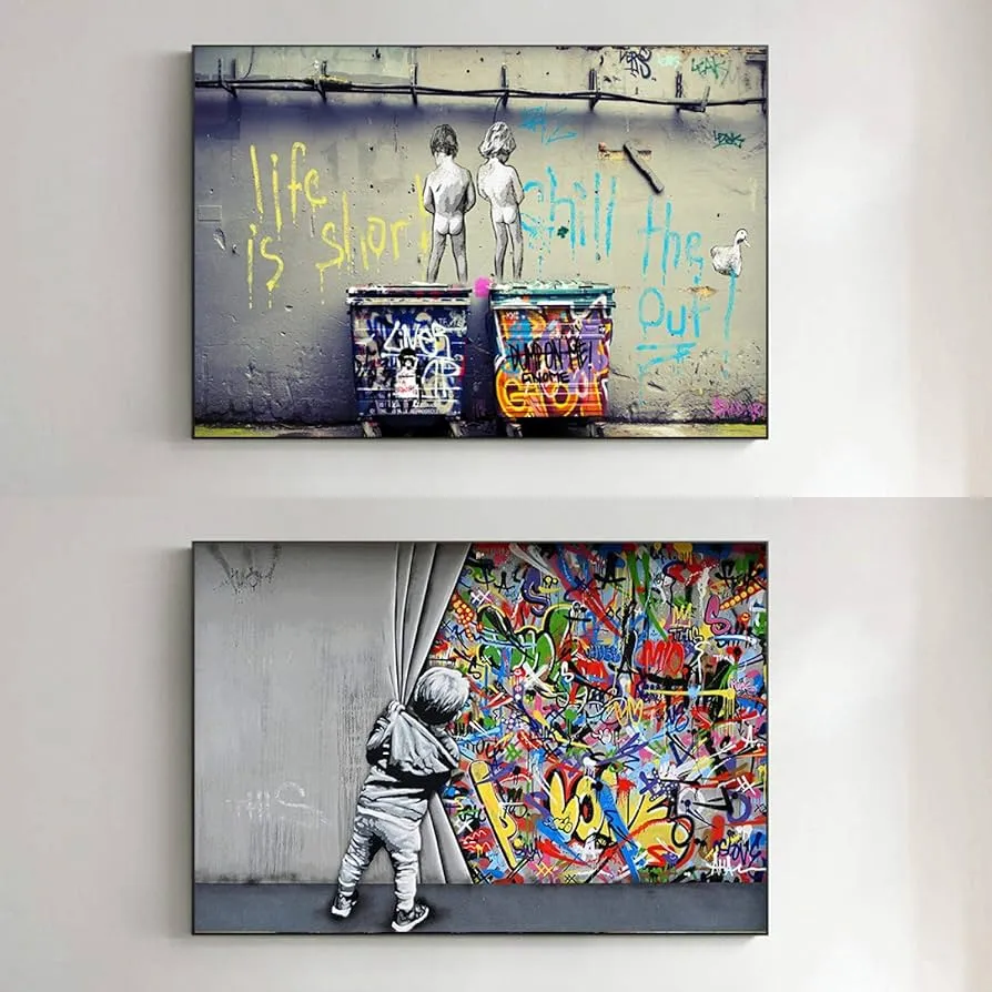 Yangmani Niños orinando detrás de la Cortina Arte Impresión en Lienzo  Pintura La Vida es Corta Graffiti Cuadro de Pared de la Calle Decoración  del hogar 23.6