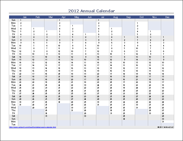 Yearly Calendar Template for 2014