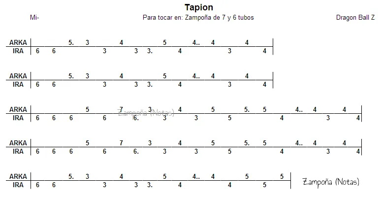 Zampoña (Notas): Dragon Ball Z - Tapion, notas para zampoña
